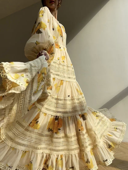 Aconiconi｜Lemon Blossom Printed Lace Skirt Suit