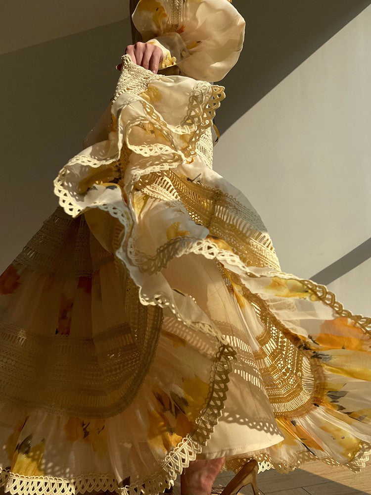 Aconiconi｜Lemon Blossom Printed Lace Skirt Suit