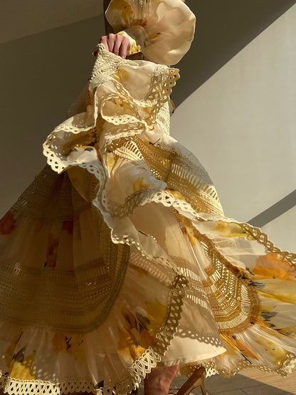 Aconiconi｜Lemon Blossom Printed Lace Skirt Suit