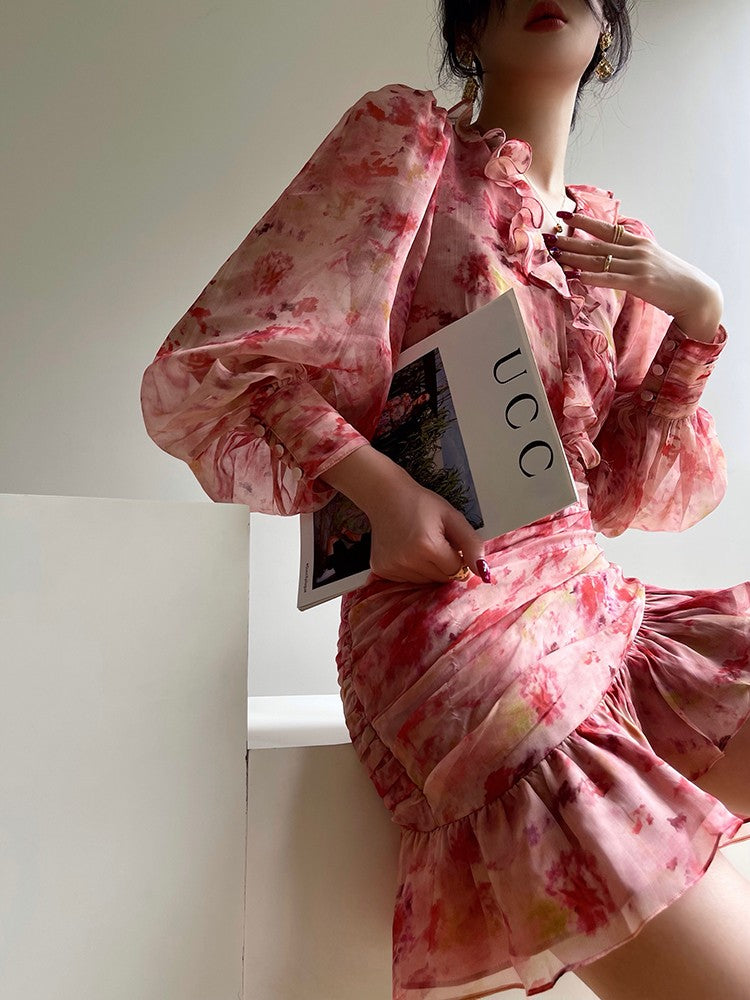 Aconiconi | Vivid Floral V-neck Ruffle Dress