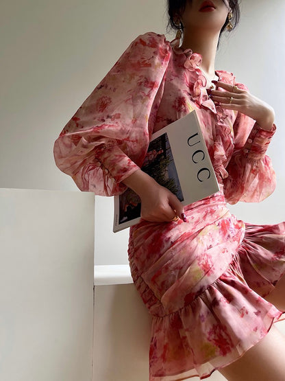 Aconiconi | Vivid Floral V-neck Ruffle Dress